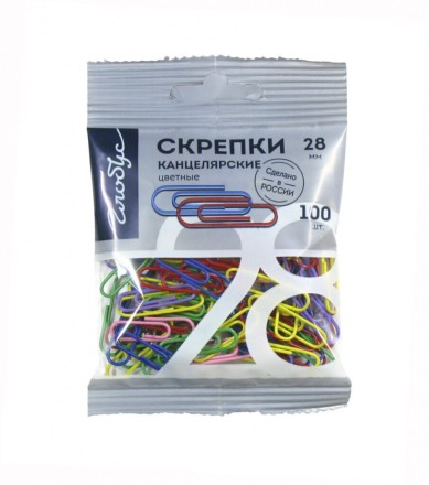 Скрепки 28 мм - 100 шт. цветные, пакет