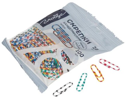 Скрепки 28 мм - 100 шт. цветные, пакет